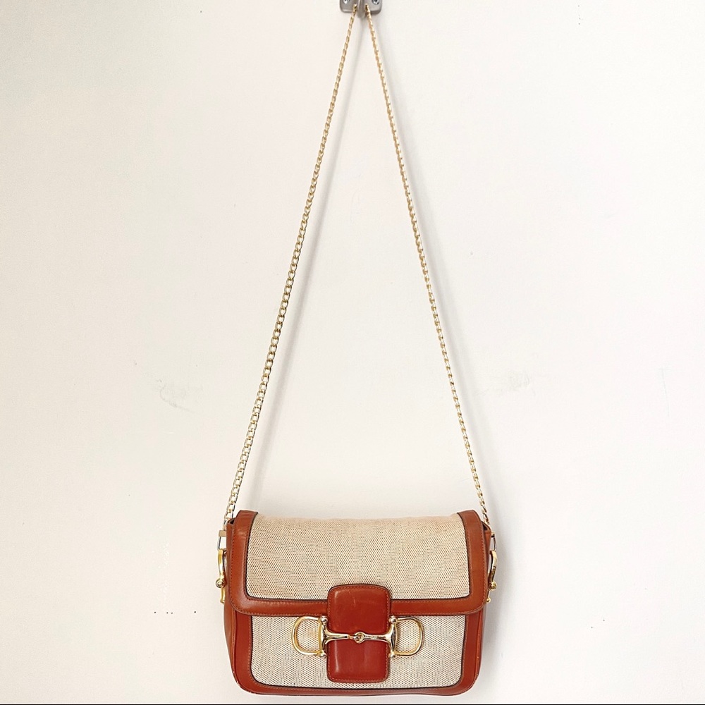 Celine Classic Tan Canvas Box Leather Gold Horsebit Clutch Crossbody Bag